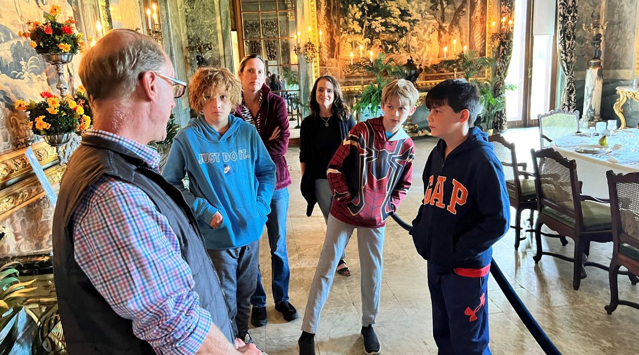 Kids and their parents in the formal dining room at Mills Mansion at Staatsburgh State Historic Site, Staatsburg