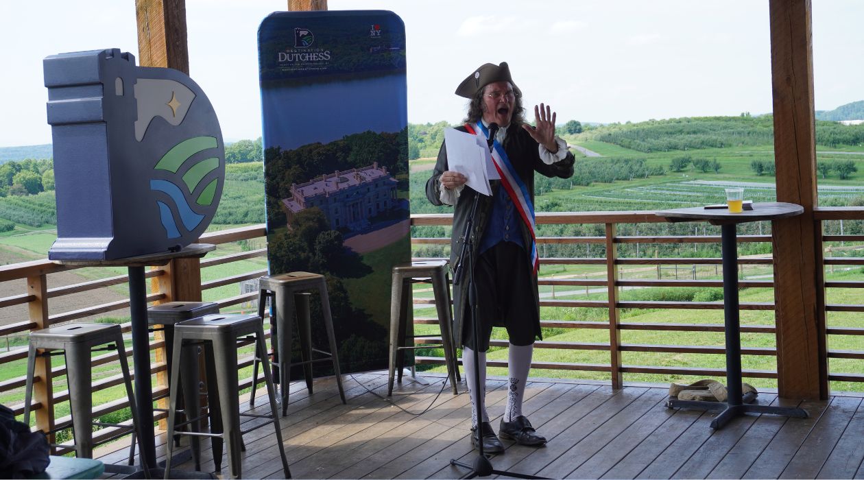 Storyteller Jonathan Kruck, dressed in Colonial-era garb, at Fishkill Farms in Hopewell Junction