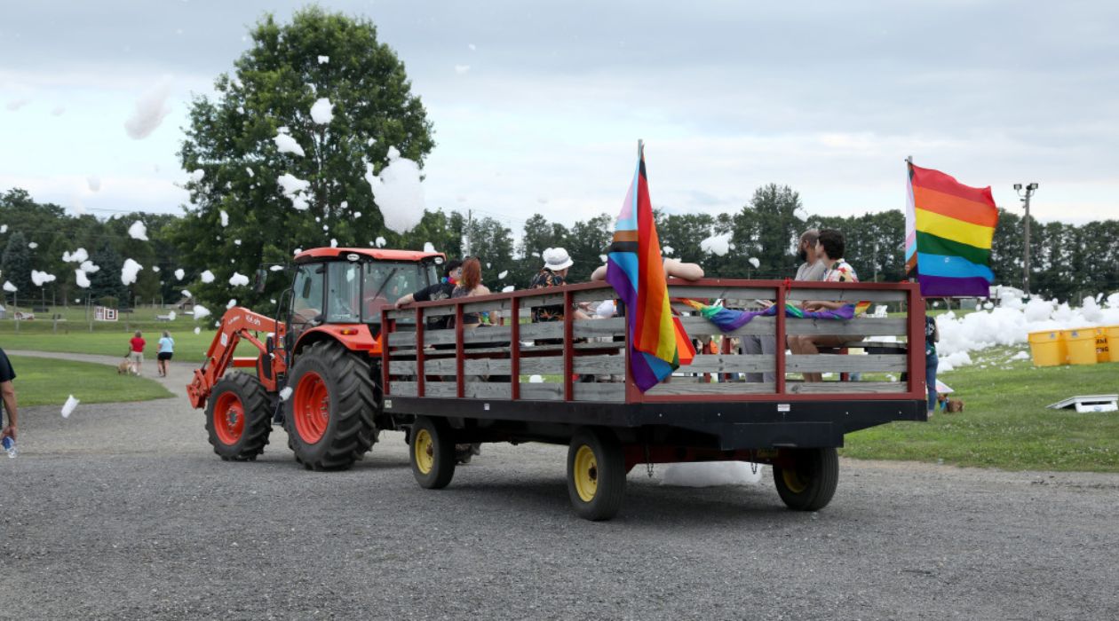 A trailer decorated with Pride flags at Barton Orchards, Poughquag