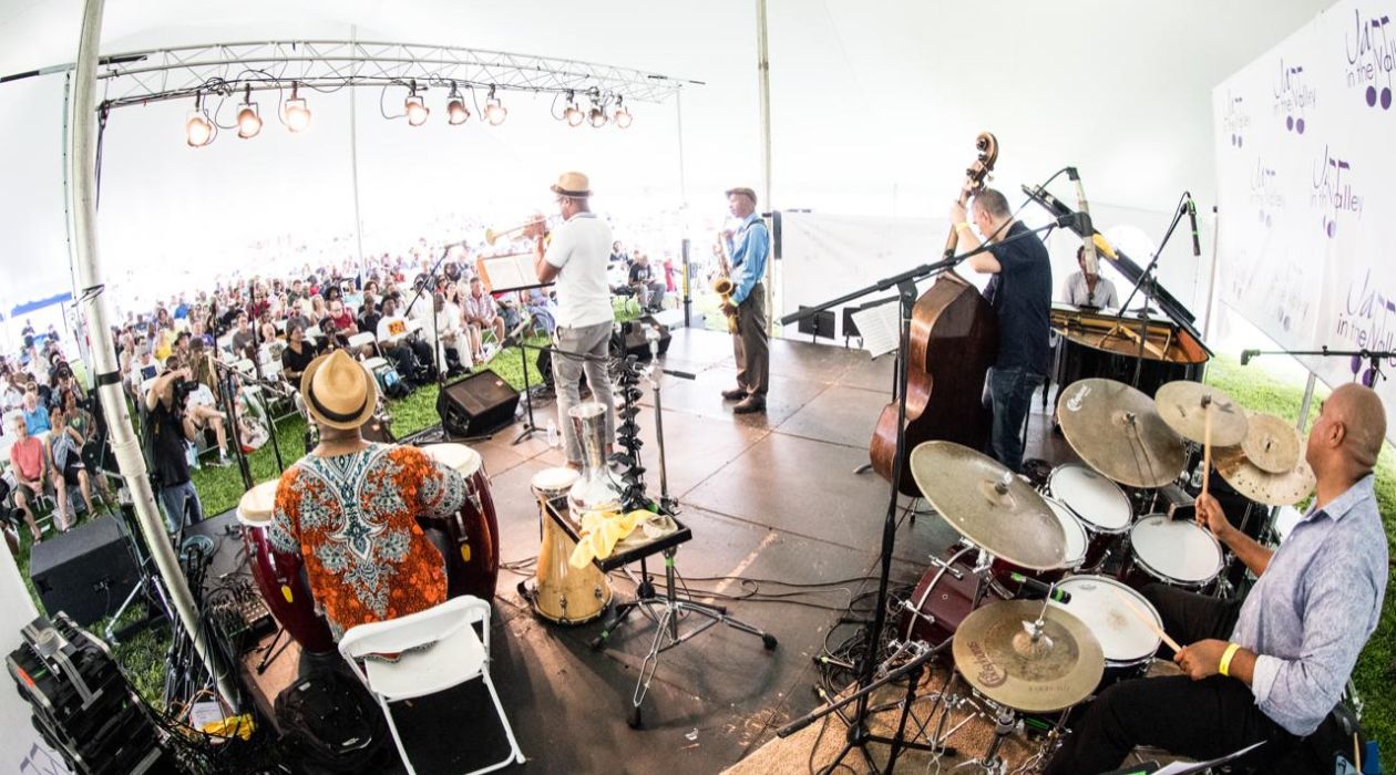 Group of musicians on stage at Poughkeepsie waterfront Jazz in the Valley